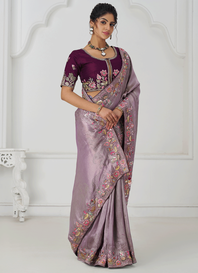 Mauve Embroidered Sequin Dola Silk Saree For Engagement Wedding Functions