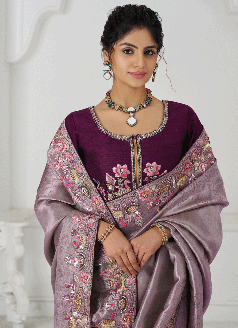 Mauve Embroidered Sequin Dola Silk Saree For Engagement Wedding Functions