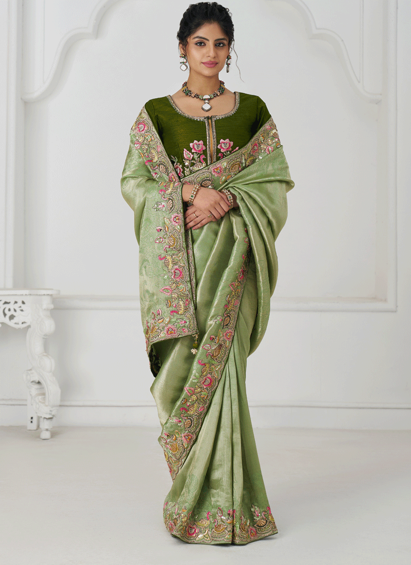 Mehendi Embroidered Sequin Dola Silk Saree For Engagement Wedding Functions