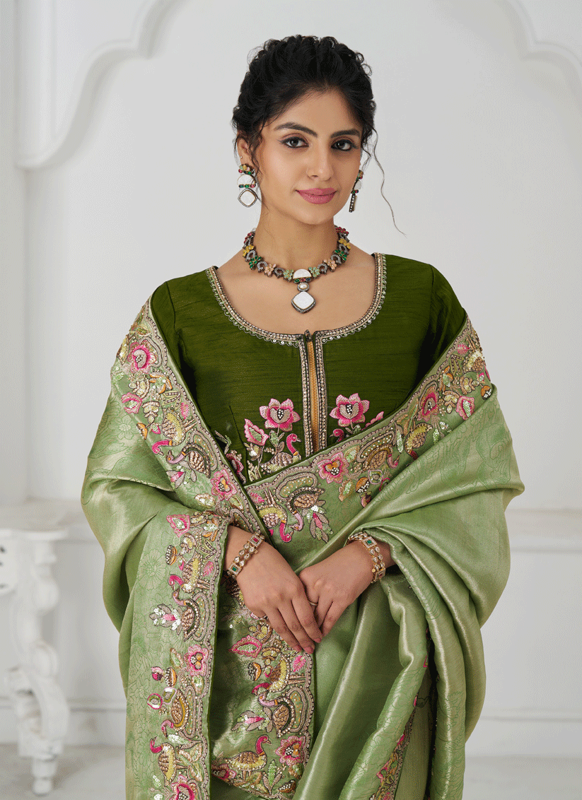 Mehendi Embroidered Sequin Dola Silk Saree For Engagement Wedding Functions