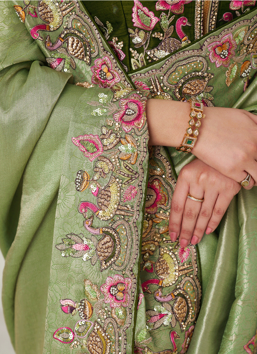 Mehendi Embroidered Sequin Dola Silk Saree For Engagement Wedding Functions