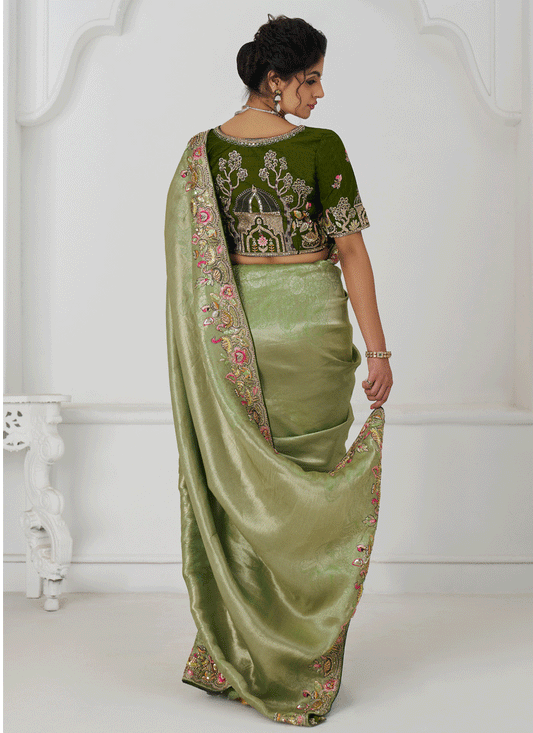 Mehendi Embroidered Sequin Dola Silk Saree For Engagement Wedding Functions