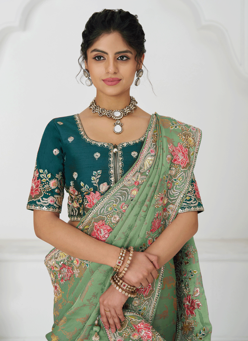 Light Green Embroidered Pure Viscose Silk Jacquard Saree