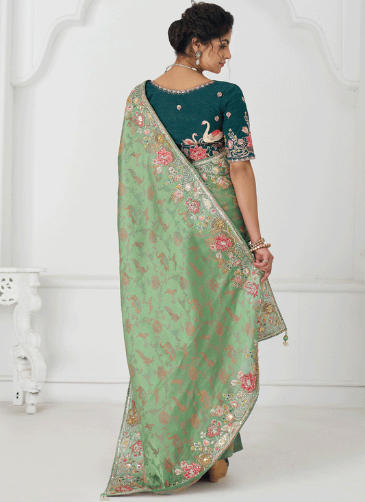 Light Green Embroidered Pure Viscose Silk Jacquard Saree