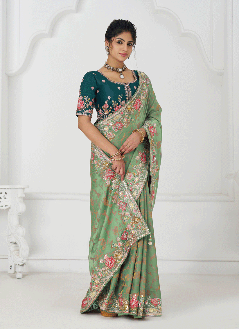 Light Green Embroidered Pure Viscose Silk Jacquard Saree