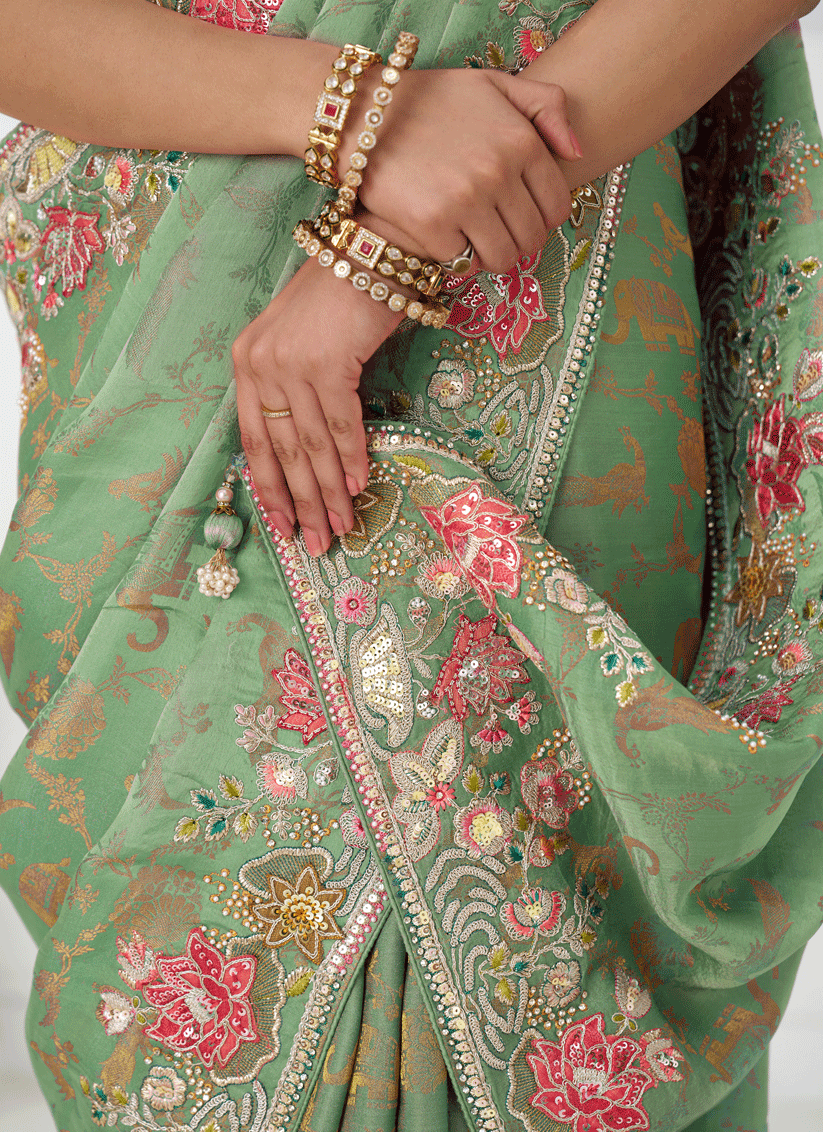 Light Green Embroidered Pure Viscose Silk Jacquard Saree