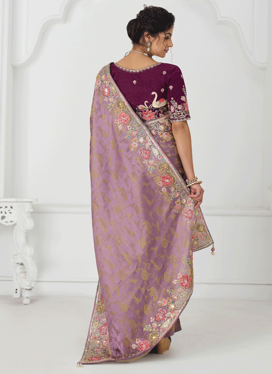 Glamorous Mauve Embroidered Pure Viscose Silk Jacquard Saree