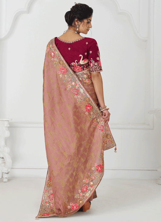 Peach Embroidered Pure Viscose Silk Jacquard Saree