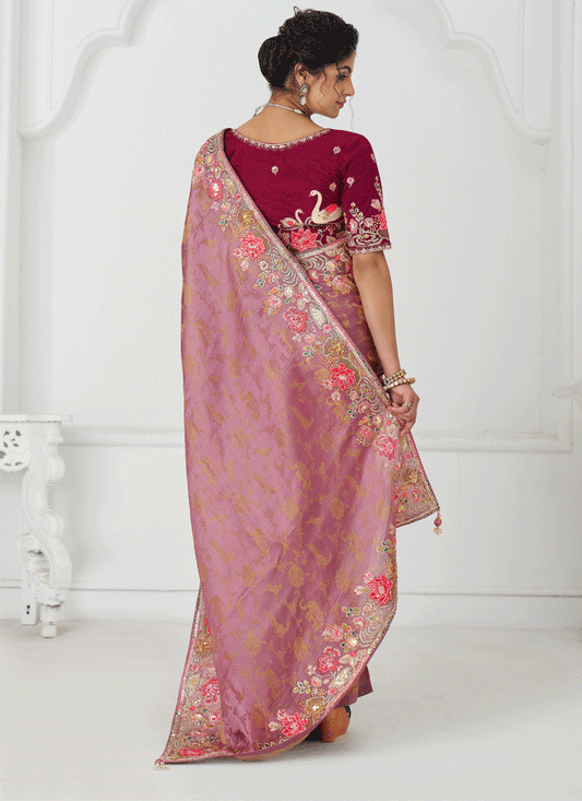 Pink Embroidered Pure Viscose Silk Jacquard Saree
