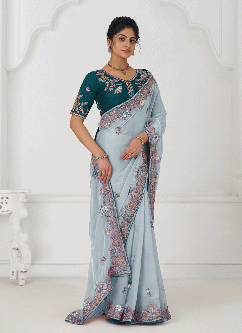 Sky Blue Fendi Silk Heavy Embroidered Floral Wedding Saree