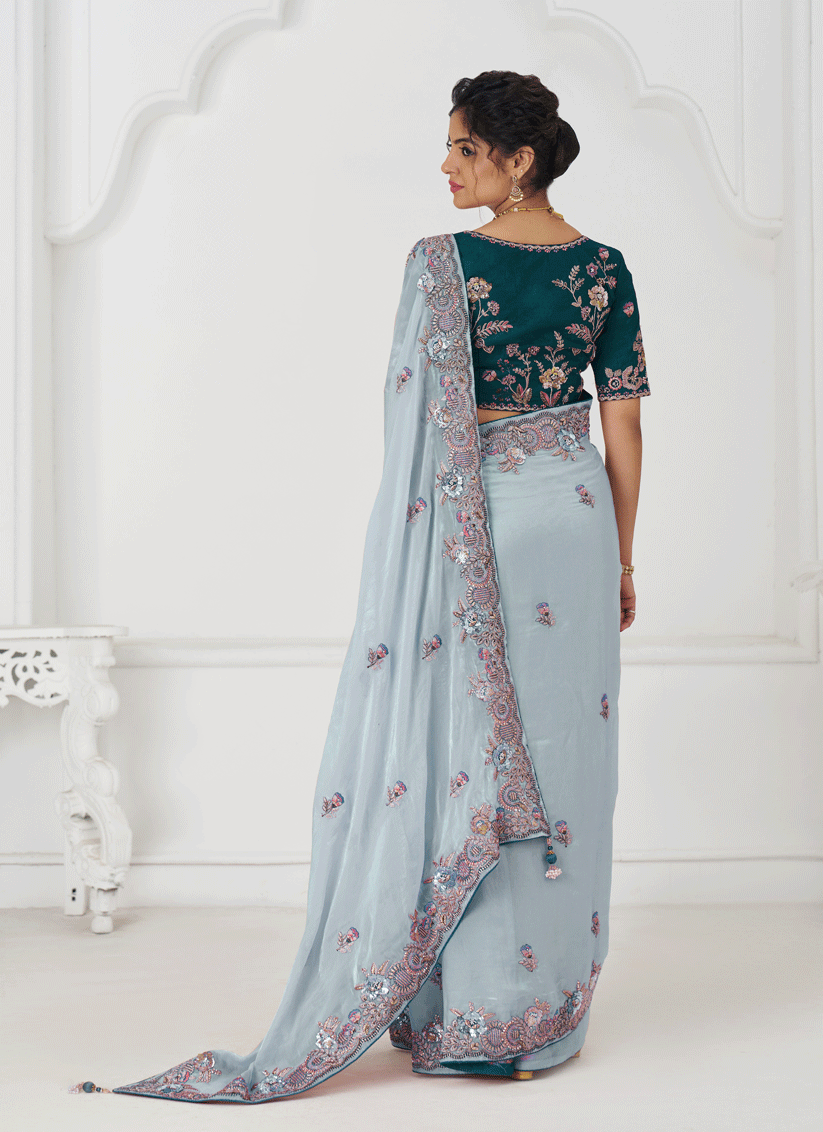 Sky Blue Fendi Silk Heavy Embroidered Floral Wedding Saree