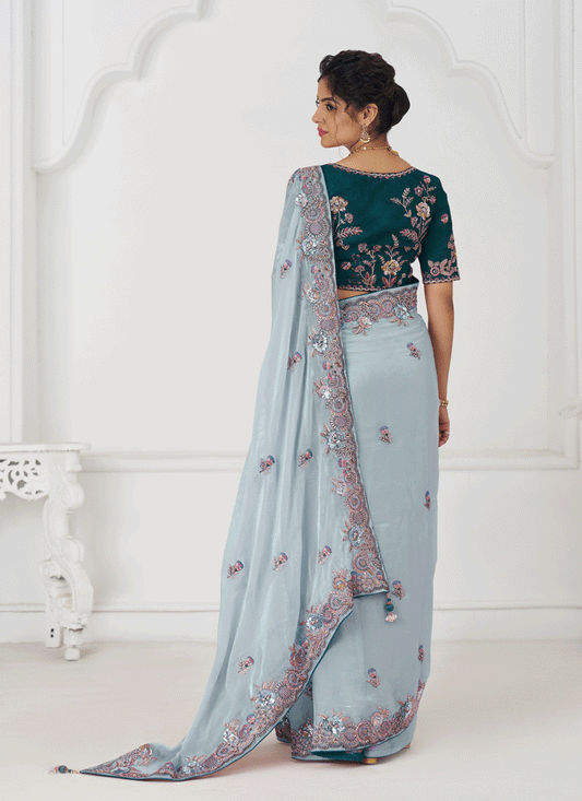 Sky Blue Fendi Silk Heavy Embroidered Floral Wedding Saree
