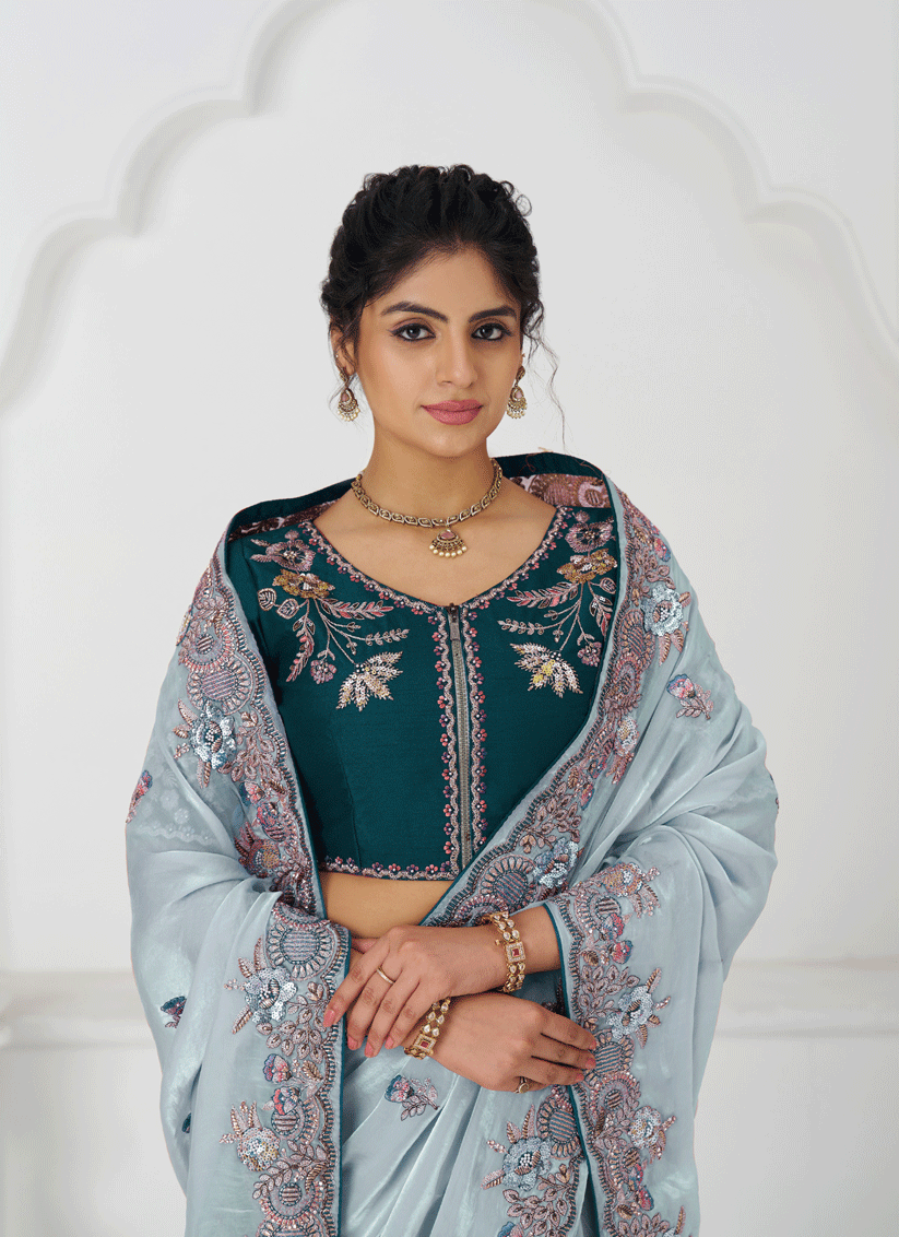 Sky Blue Fendi Silk Heavy Embroidered Floral Wedding Saree