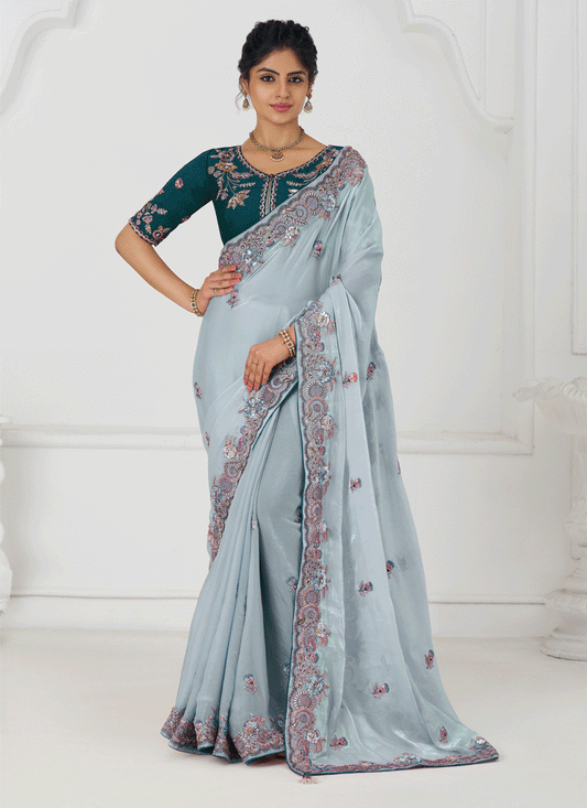 Sky Blue Fendi Silk Heavy Embroidered Floral Wedding Saree