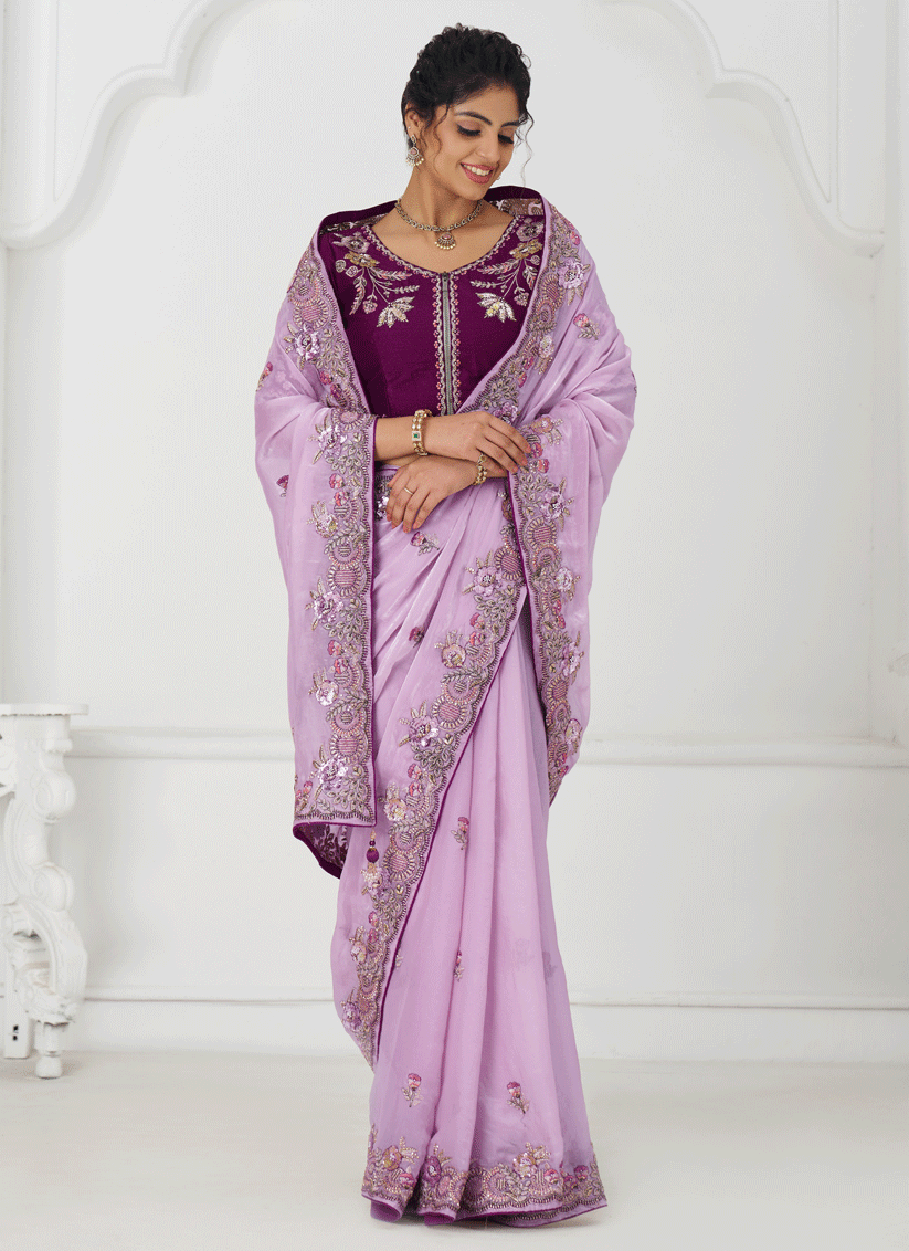 Mauve Fendi Silk Heavy Embroidered Floral Wedding Saree
