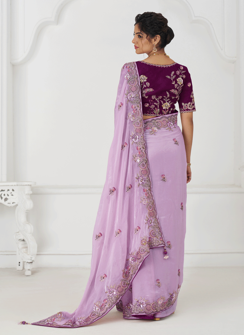 Mauve Fendi Silk Heavy Embroidered Floral Wedding Saree