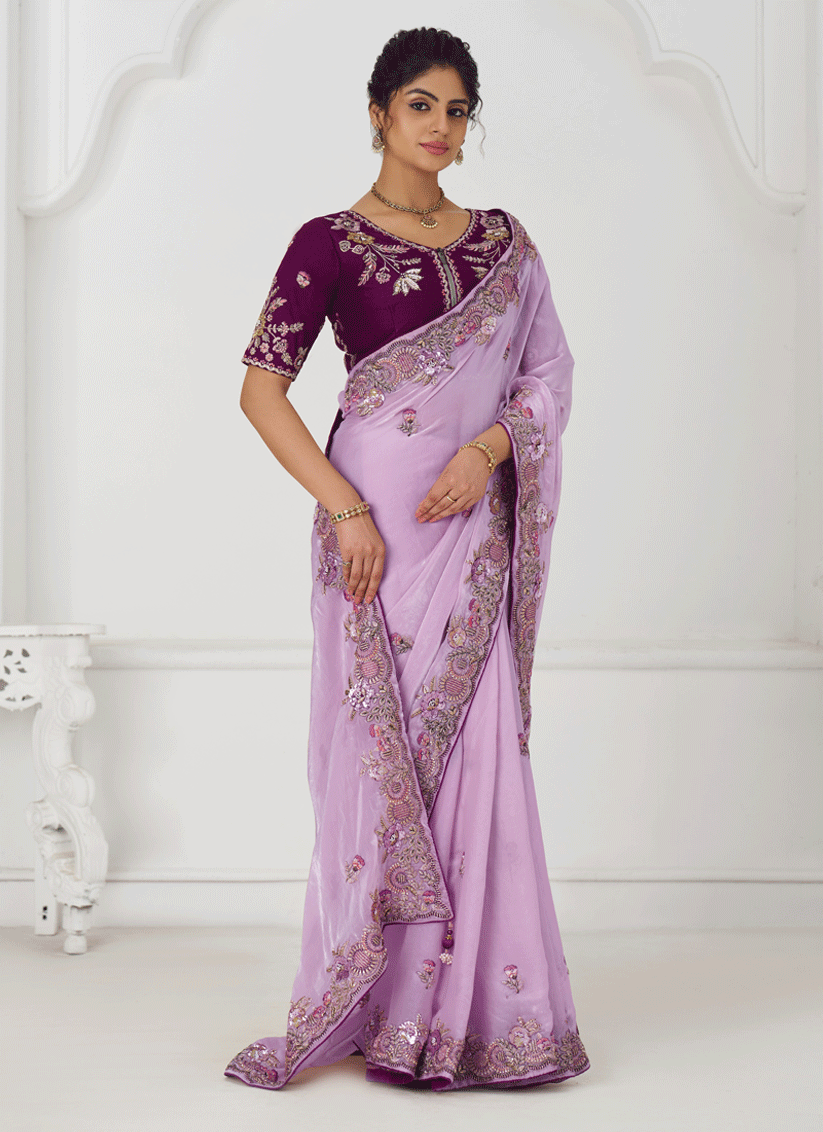 Mauve Fendi Silk Heavy Embroidered Floral Wedding Saree