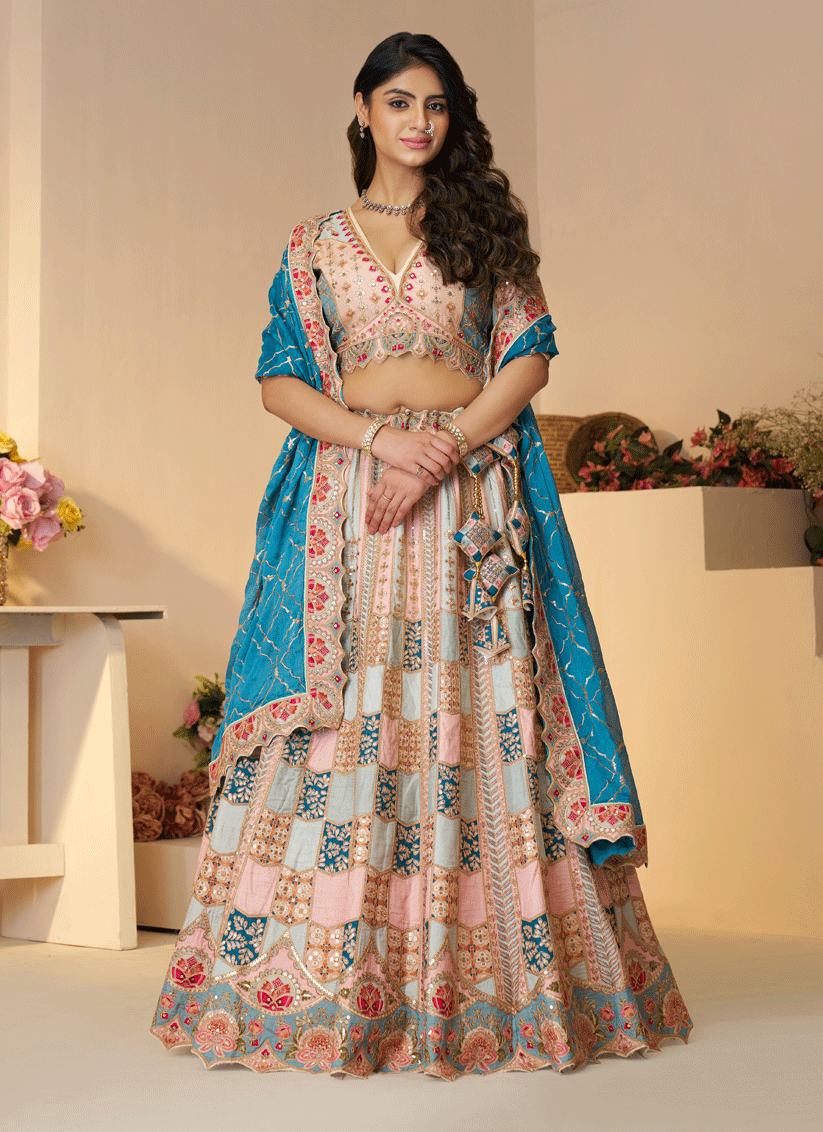 Sky Blue Heavy Thread Work Dola Silk Bridesmaid Lehenga Choli
