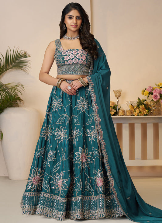 Blue Heavy Embroidered Sattin Silk Lehenga Choli For Wedding Wear