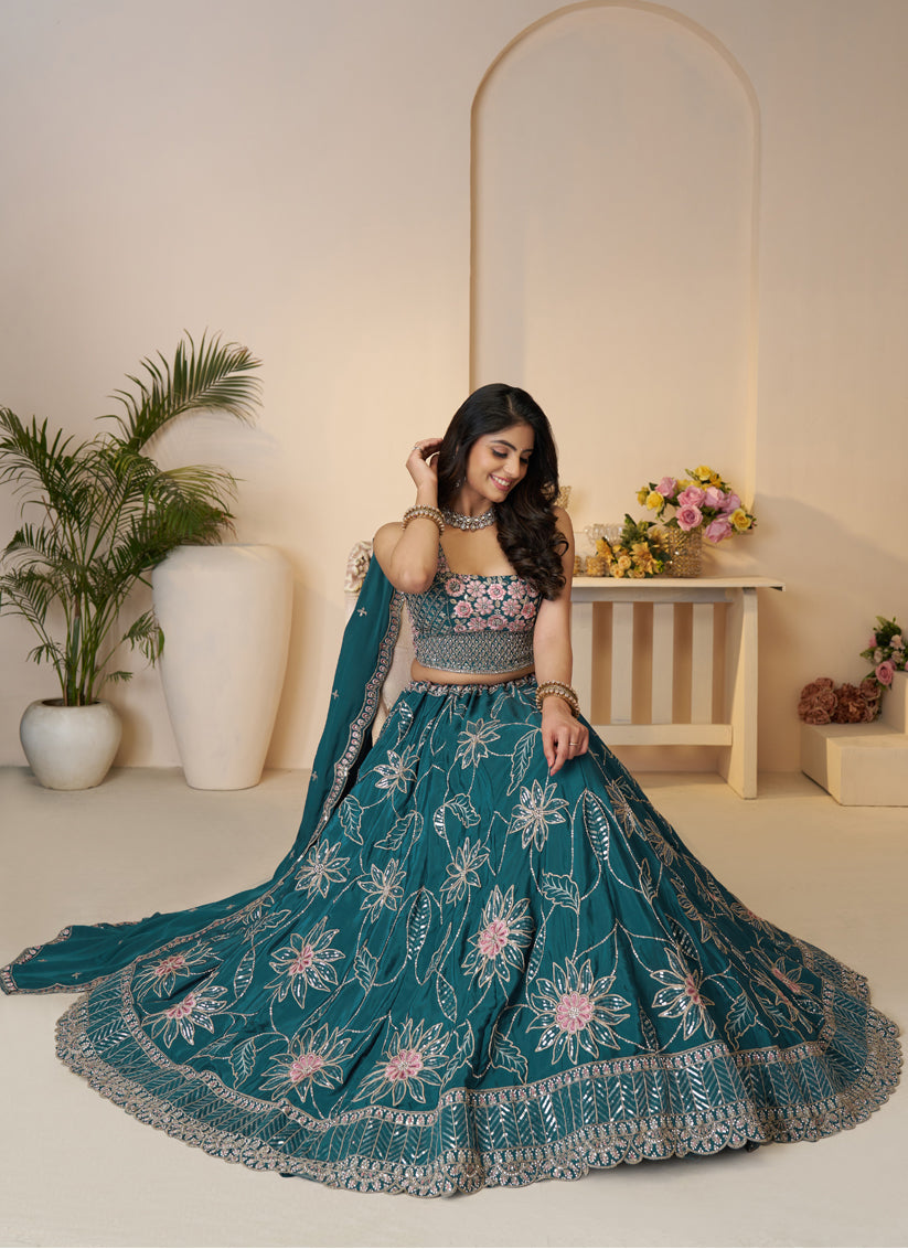 Blue Heavy Embroidered Sattin Silk Lehenga Choli For Wedding Wear