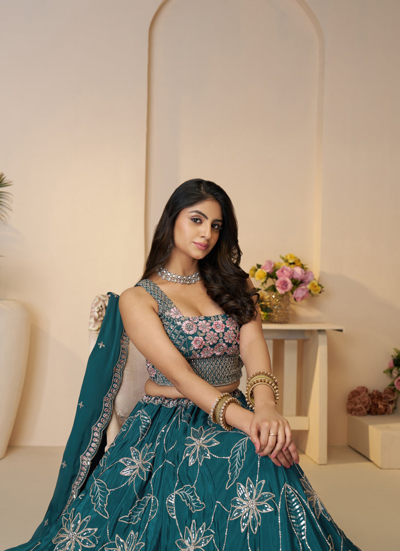 Blue Heavy Embroidered Sattin Silk Lehenga Choli For Wedding Wear