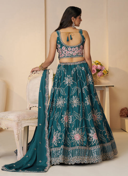Blue Heavy Embroidered Sattin Silk Lehenga Choli For Wedding Wear
