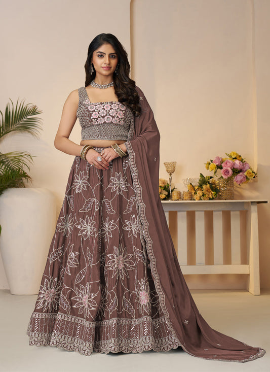 Fabulous Brown Embroidered Satin Lehenga Choli
