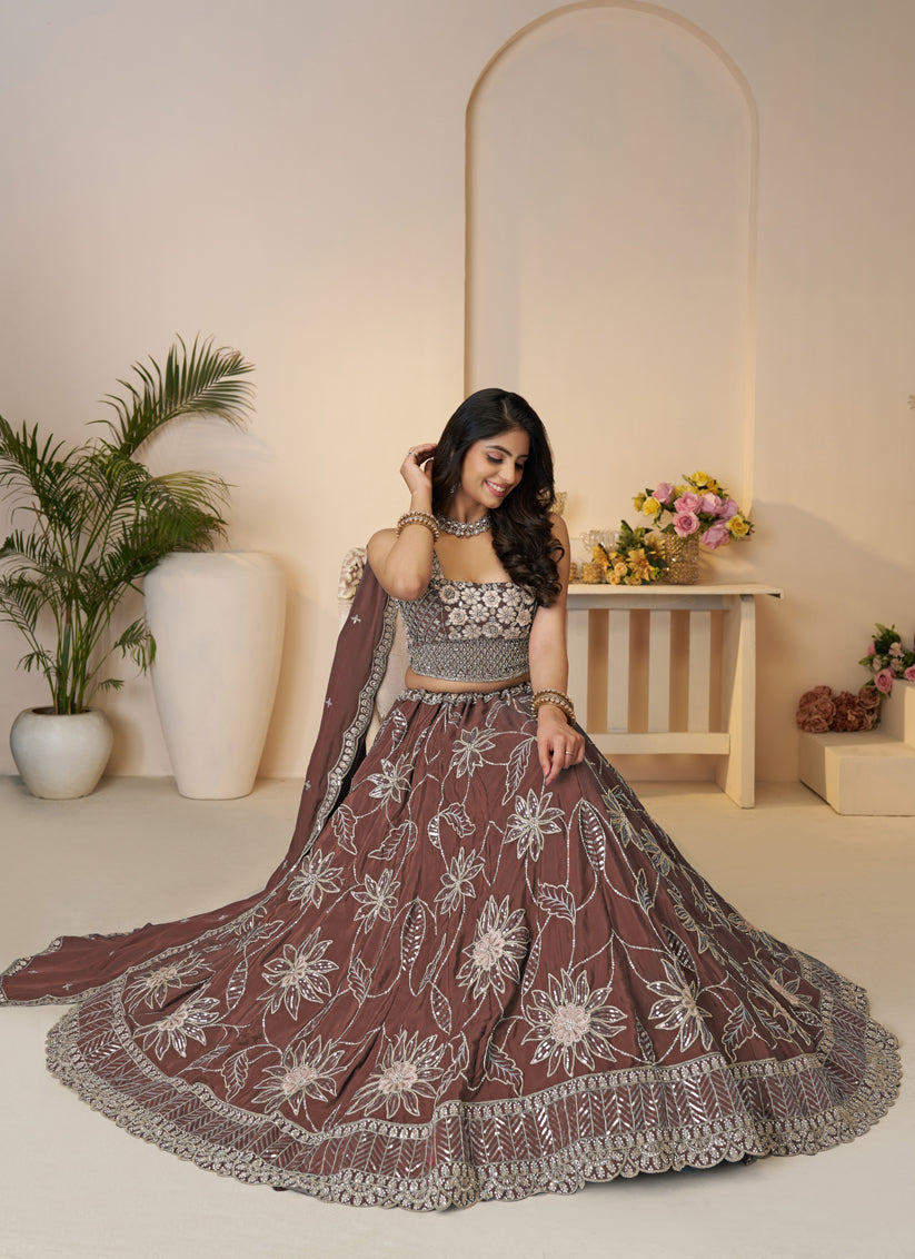 Fabulous Brown Embroidered Satin Lehenga Choli