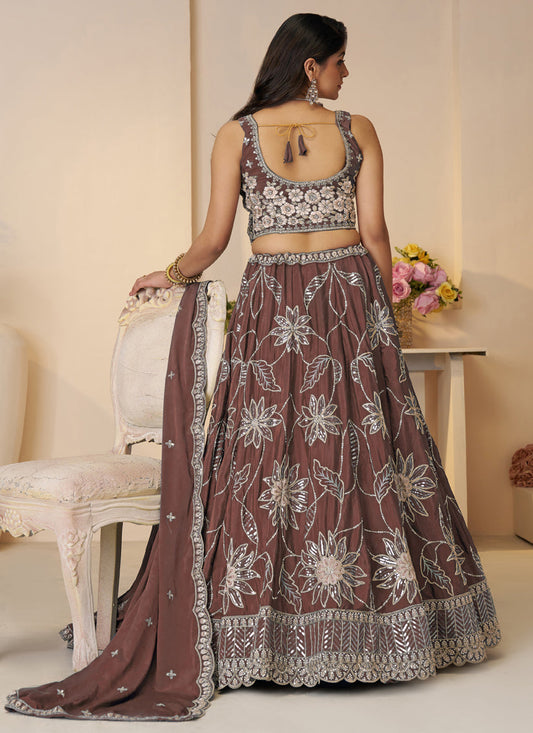 Fabulous Brown Embroidered Satin Lehenga Choli