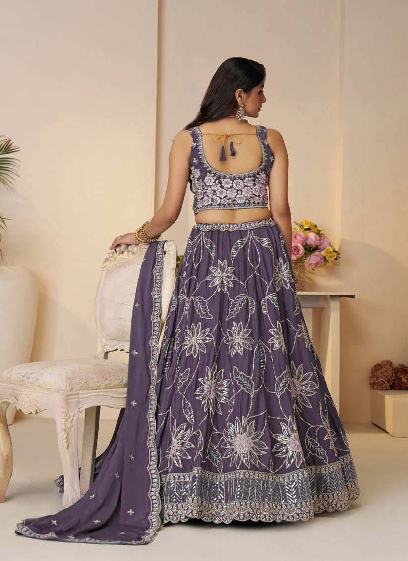 Awesome Purple Embroidered Satin Sangeet Wear Lehenga Choli