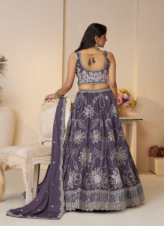 Awesome Purple Embroidered Satin Sangeet Wear Lehenga Choli