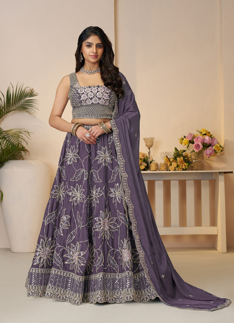 Awesome Purple Embroidered Satin Sangeet Wear Lehenga Choli