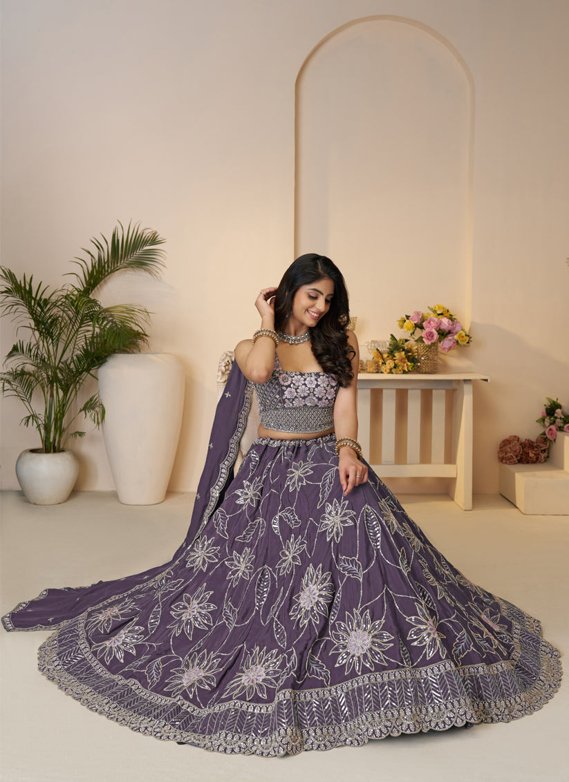 Awesome Purple Embroidered Satin Sangeet Wear Lehenga Choli