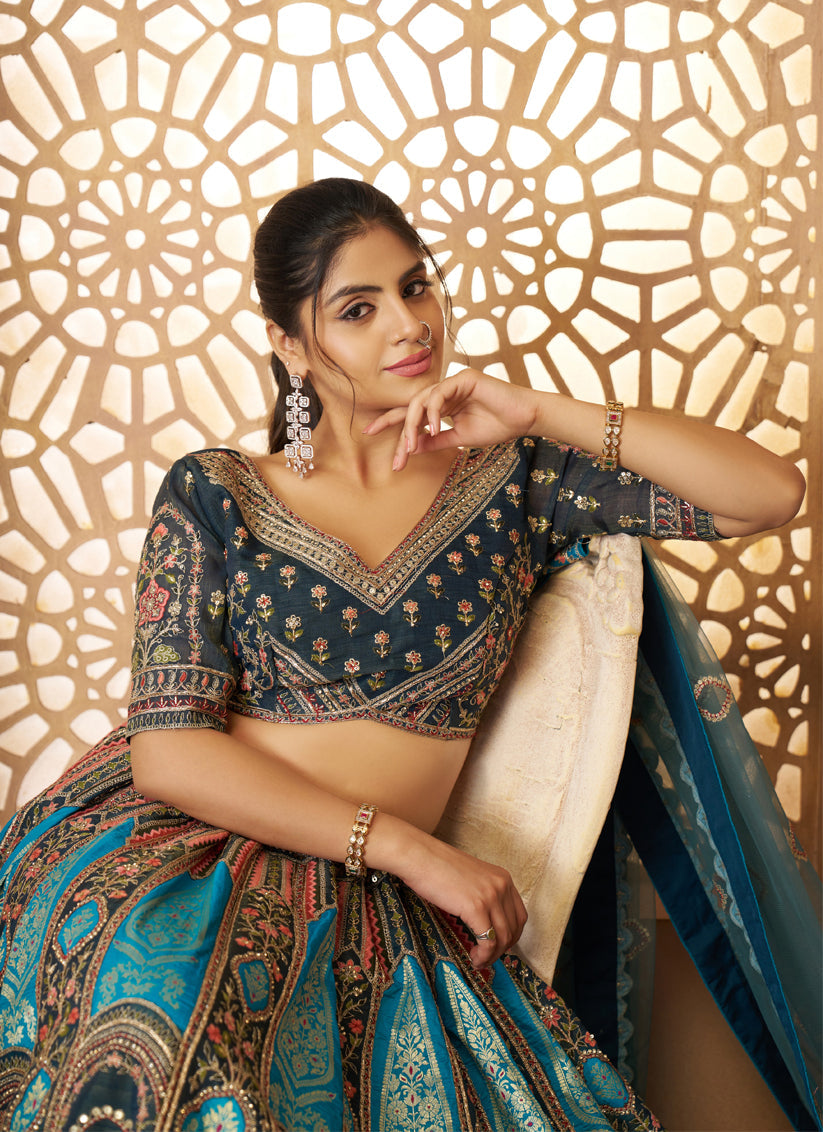 Blue Heavy Embroidered Benarasi Lehenga Choli For Brides
