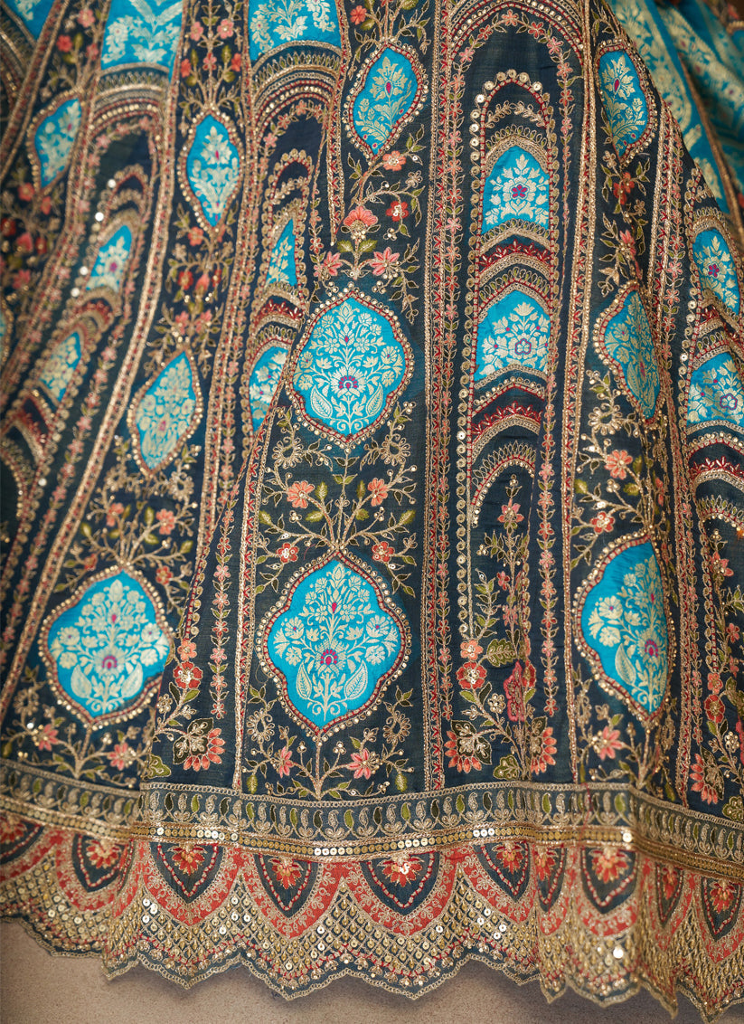 Blue Heavy Embroidered Benarasi Lehenga Choli For Brides