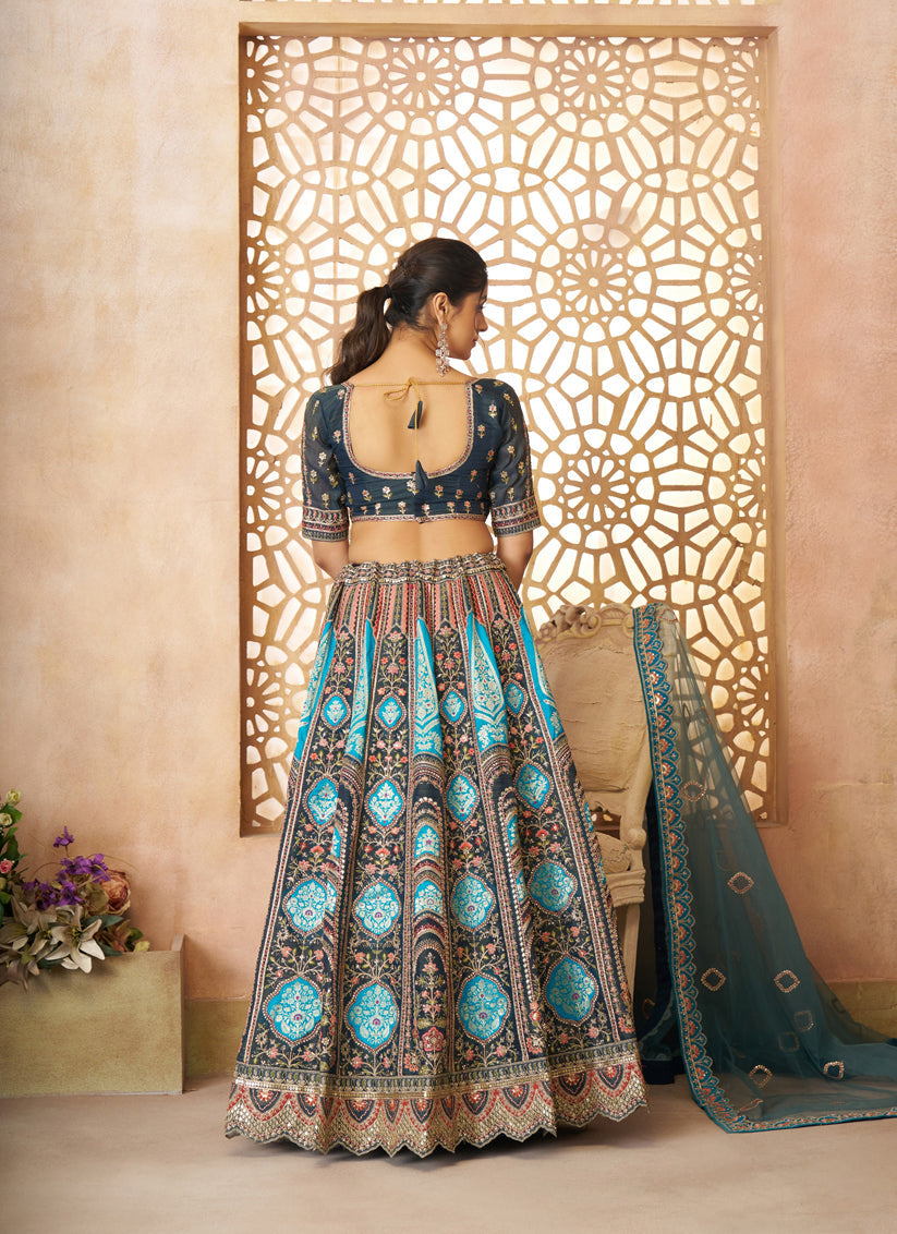 Blue Heavy Embroidered Benarasi Lehenga Choli For Brides