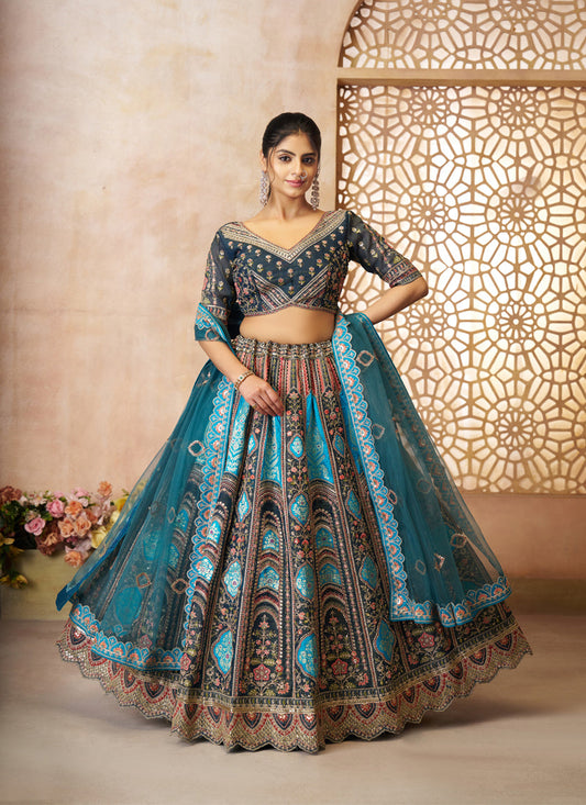 Blue Heavy Embroidered Benarasi Lehenga Choli For Brides
