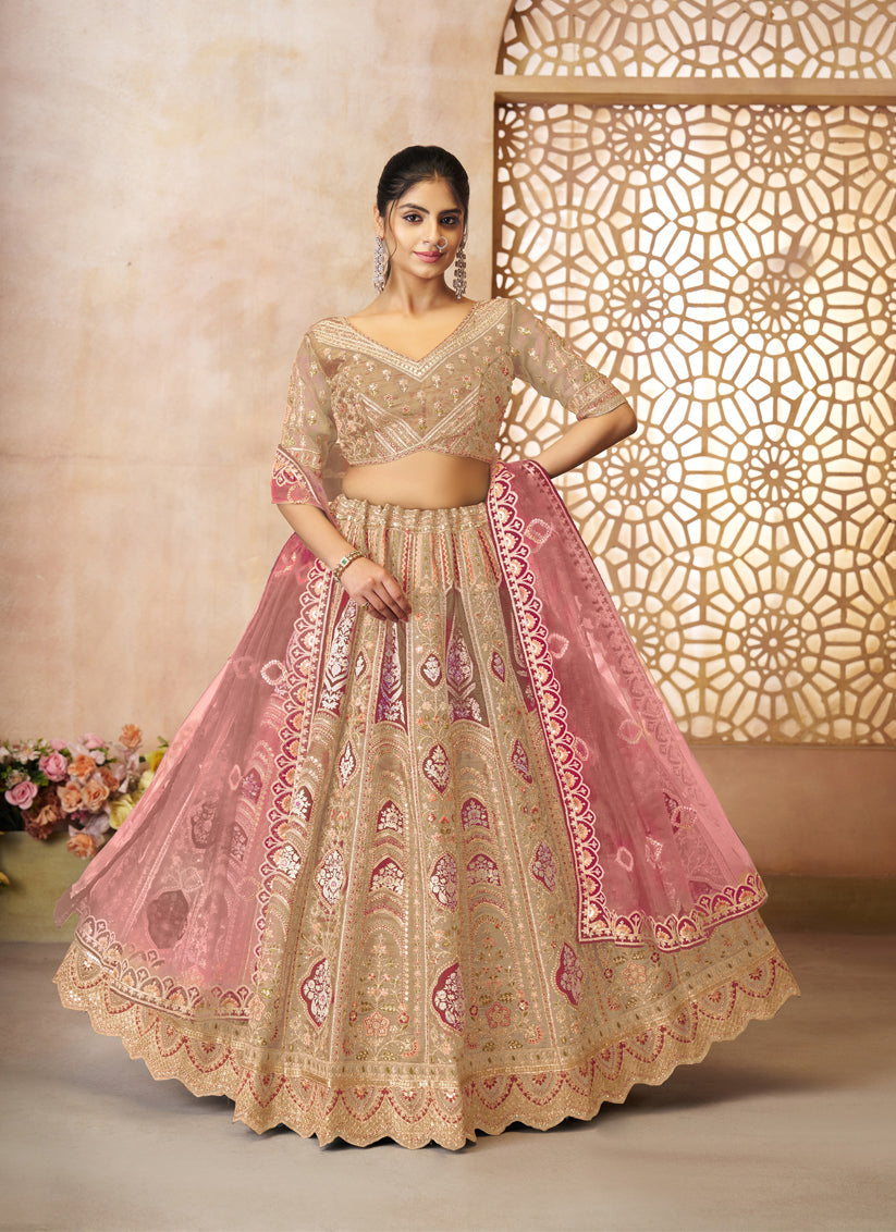 Champagne Heavy Embroidered Banarasi Silk Lehenga Choli For Wedding Wear