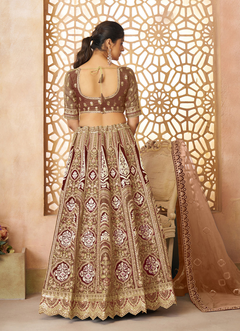 Brown Heavy Embroidered Sequins Banarasi Silk Lehenga Choli Wedding Wear