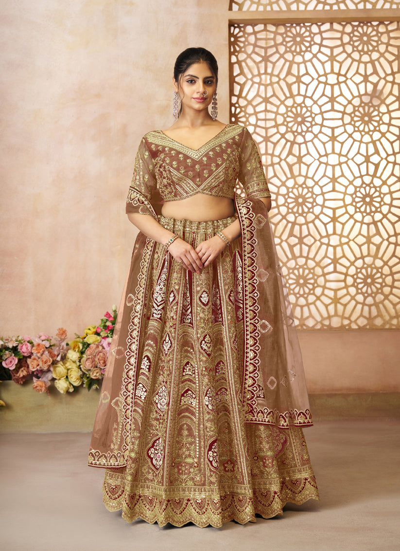 Brown Heavy Embroidered Sequins Banarasi Silk Lehenga Choli Wedding Wear