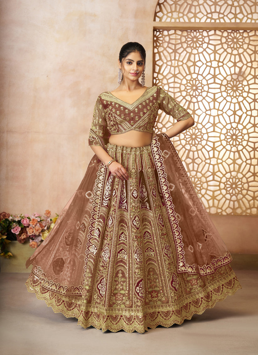 Brown Heavy Embroidered Sequins Banarasi Silk Lehenga Choli Wedding Wear