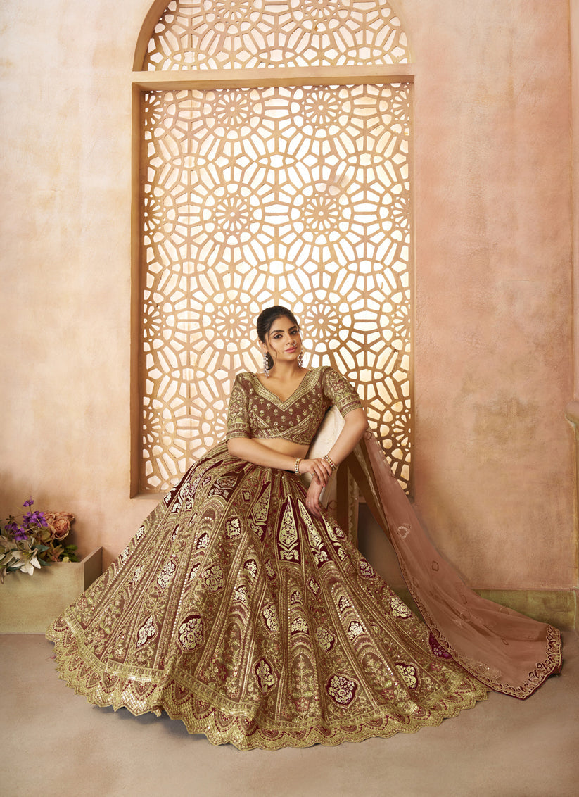 Brown Heavy Embroidered Sequins Banarasi Silk Lehenga Choli Wedding Wear