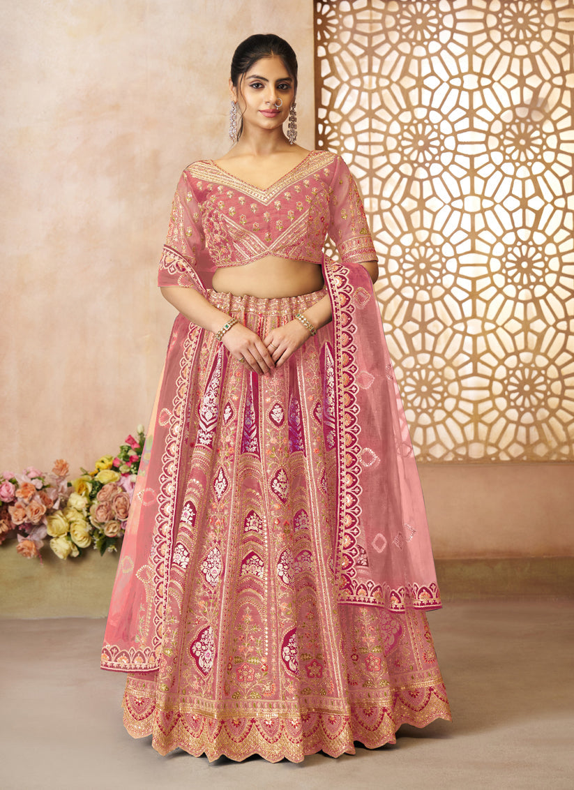 Pink Heavy Embroidered Banarasi Silk Designer Lehenga Choli