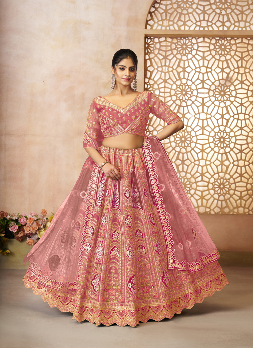 Pink Heavy Embroidered Banarasi Silk Designer Lehenga Choli