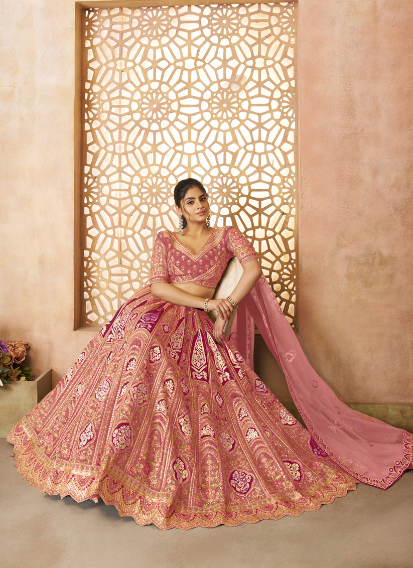 Pink Heavy Embroidered Banarasi Silk Designer Lehenga Choli