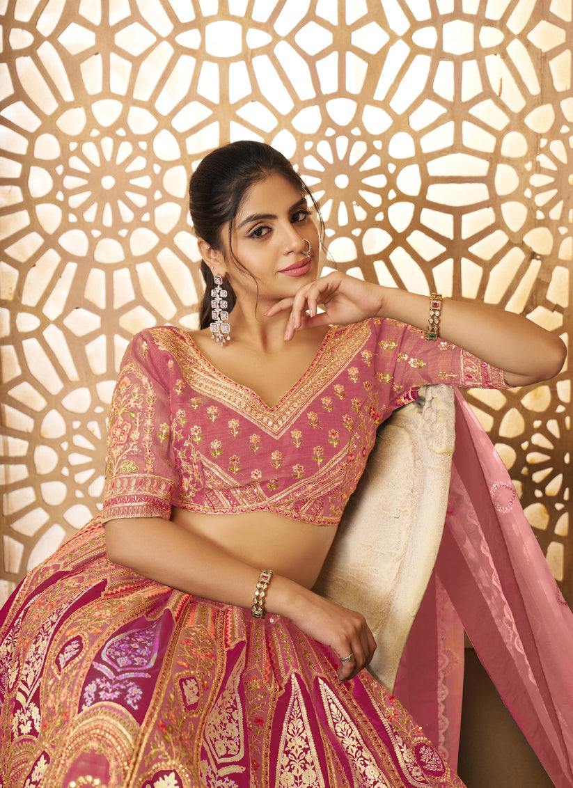 Pink Heavy Embroidered Banarasi Silk Designer Lehenga Choli