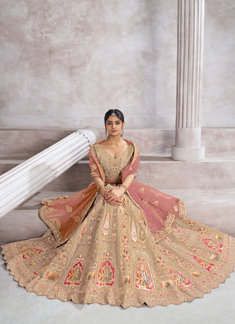 Champagne Heavy Embroidered Benarasi Lehenga Choli For Brides