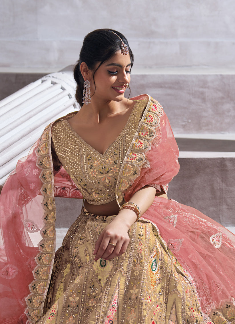 Champagne Heavy Embroidered Benarasi Lehenga Choli For Brides