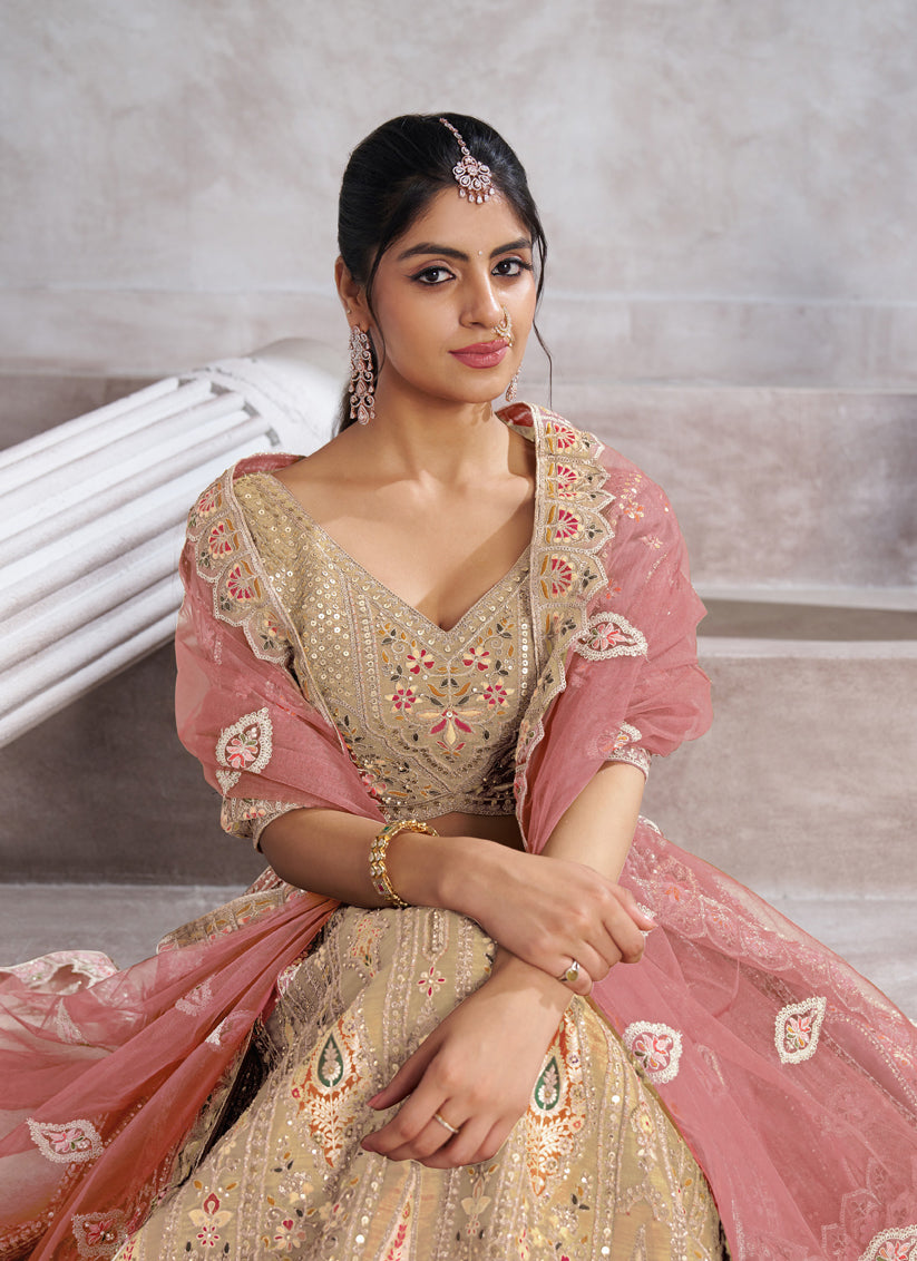 Champagne Heavy Embroidered Benarasi Lehenga Choli For Brides