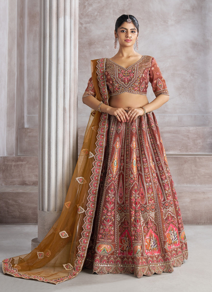 Coffee Banarasi Embroidered Sequins Heavy Lehenga Choli